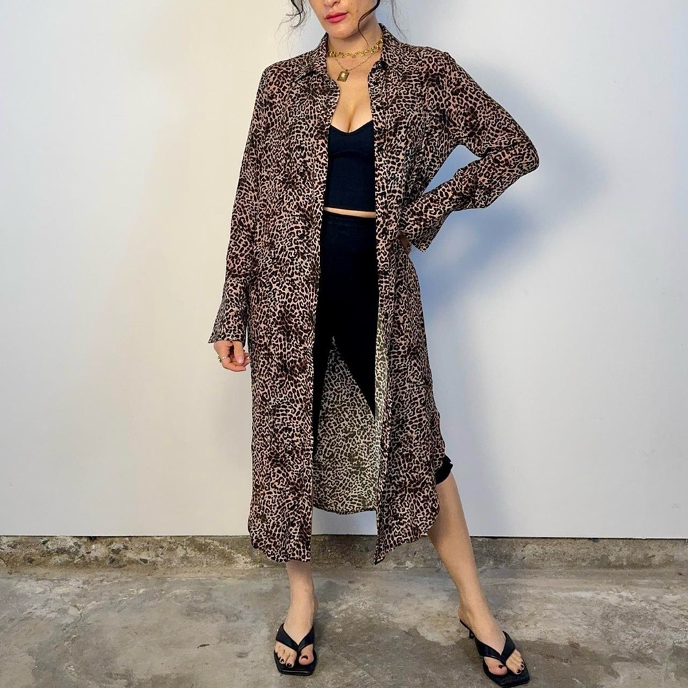Anine Bing Leopard print long sleeve shirt dress, front buttons. Size S.